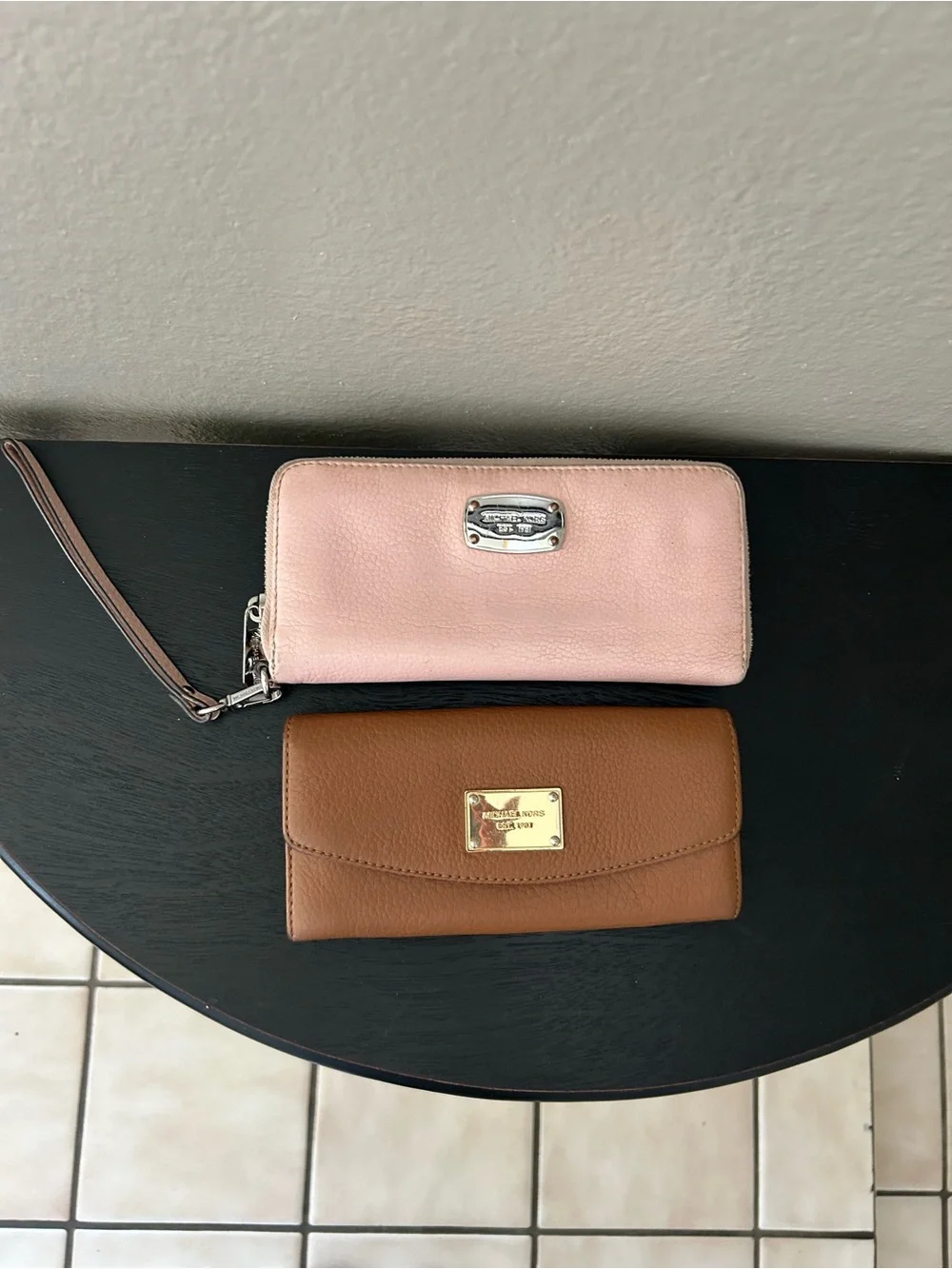 Michael Kors Pink Pebble Zip Wristlet and Brown Continental Wallet Set
